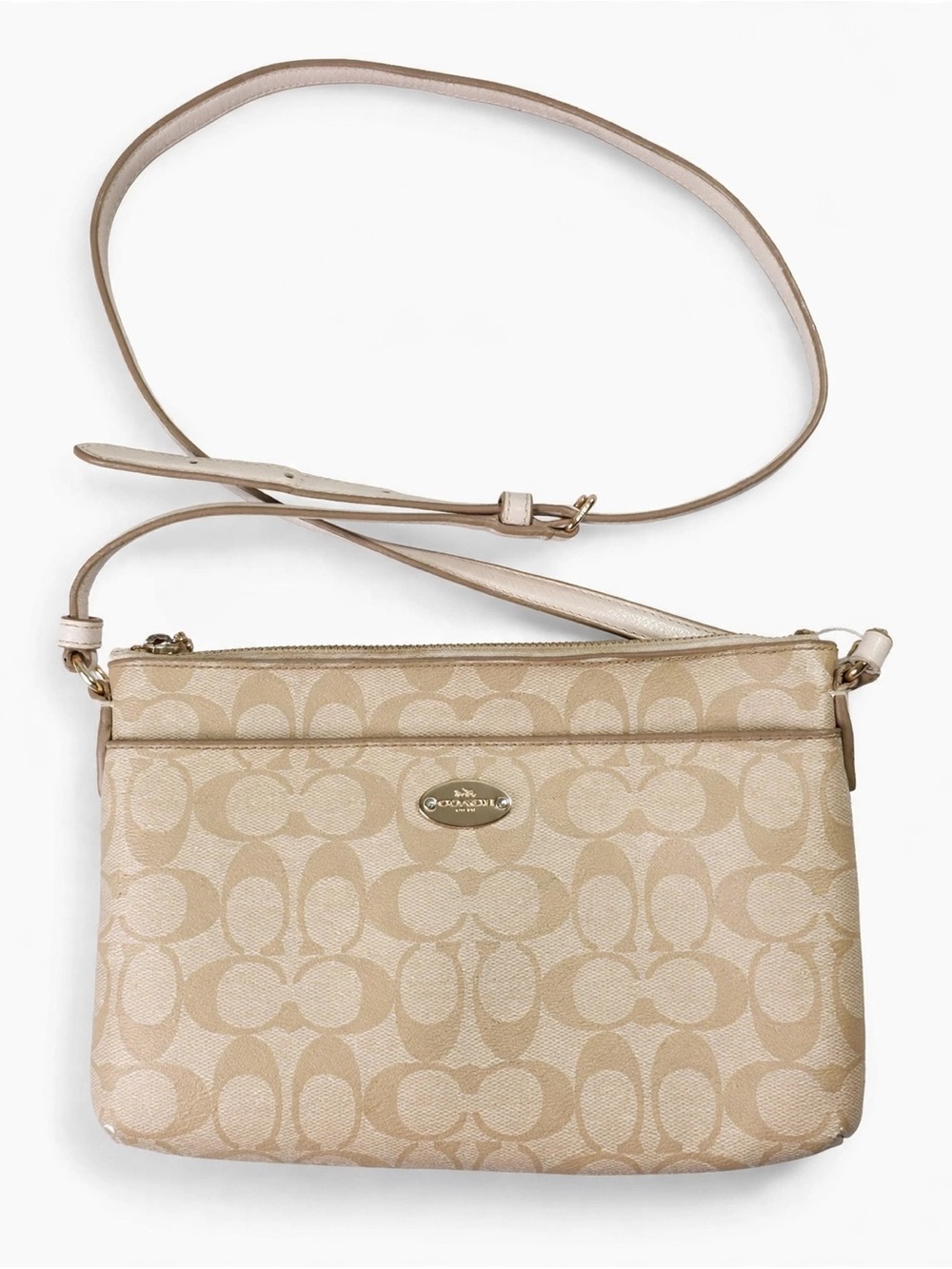 Coach Signature Canvas East West Crossbody Bag Beige Chalk Trim